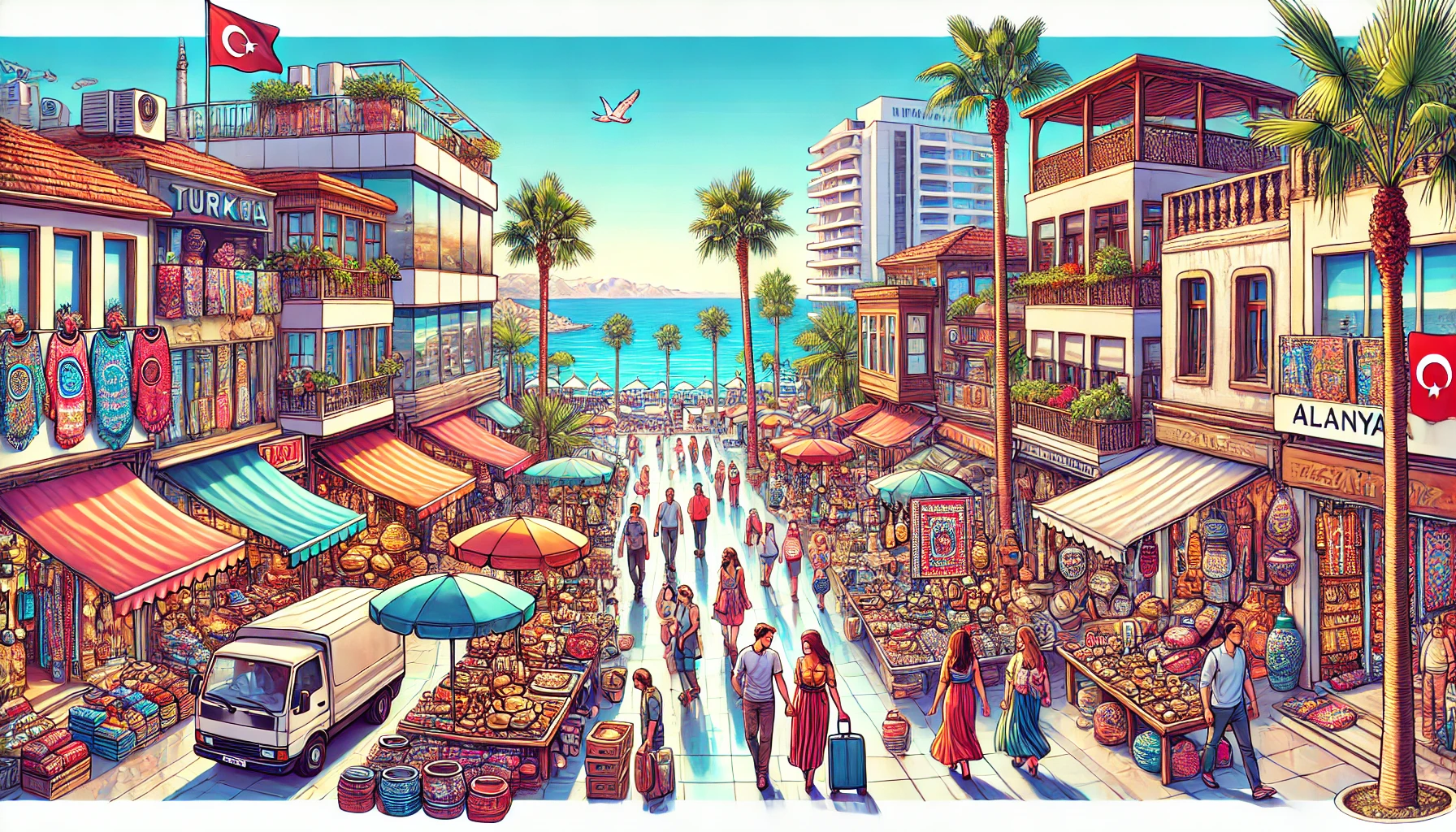 "Alanya'da turistlerin yerel pazarları, modern alışveriş merkezlerini ve geleneksel Türk ürünlerini keşfettiği hareketli alışveriş noktası."