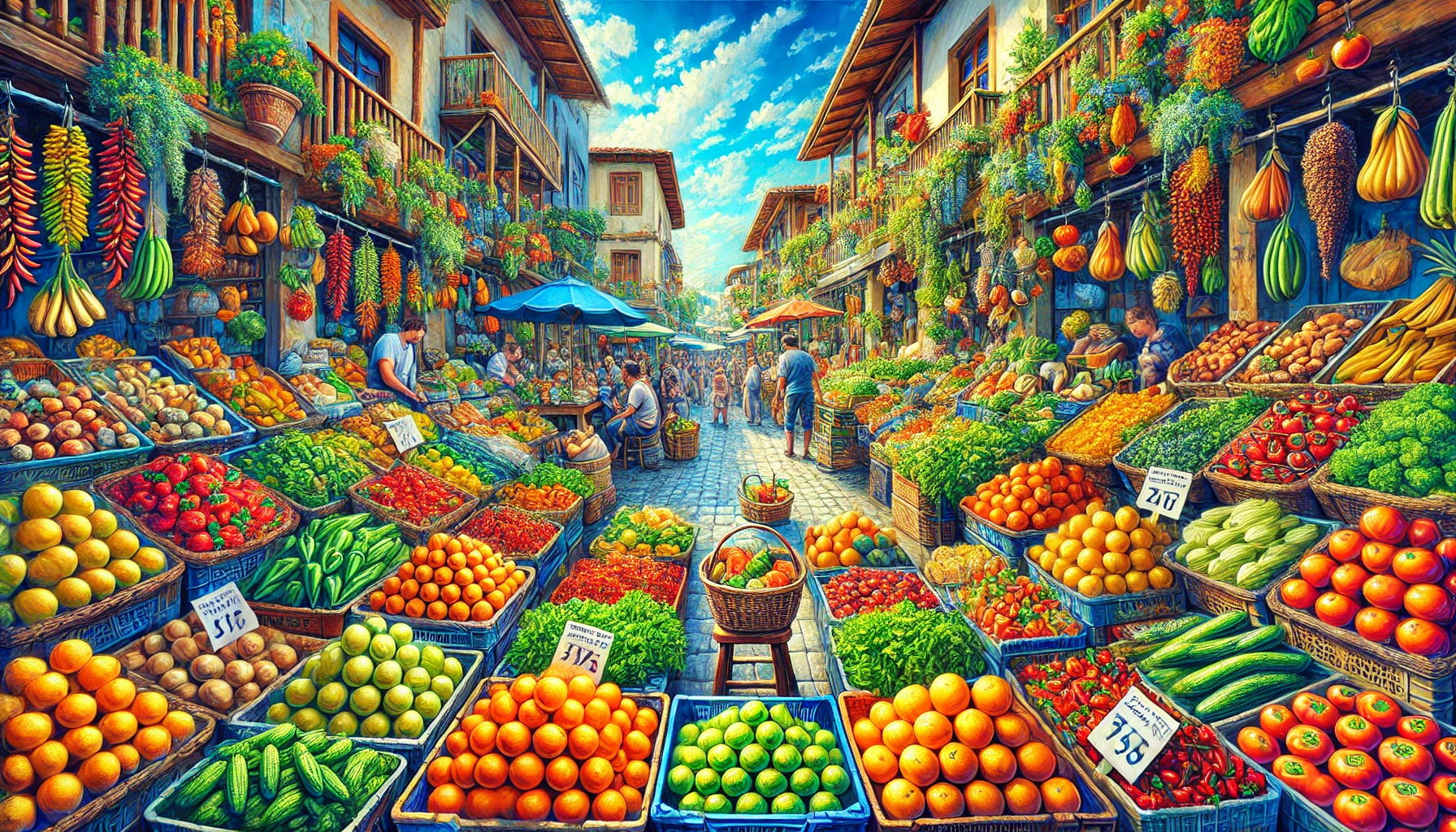 Alanya Hal Pazarında yöresel taze meyve ve sebzelerle dolu tezgahlar, renkli ve canlı bir pazar atmosferi.