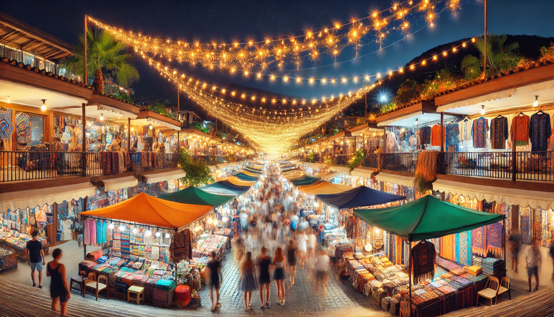 Alanya’nın gece pazarı, ışıklarla aydınlatılmış tezgahlarda çeşitli ürünlerin yer aldığı canlı bir alışveriş ortamı.
