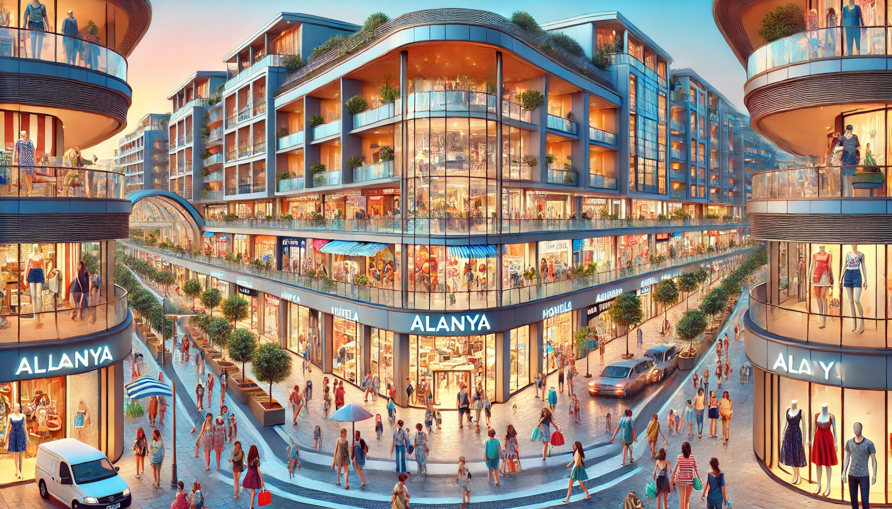 Alanya’daki otellerin çevresinde yer alan alışveriş merkezlerinde alışveriş yapan turistler ve aydınlatılmış vitrinler.