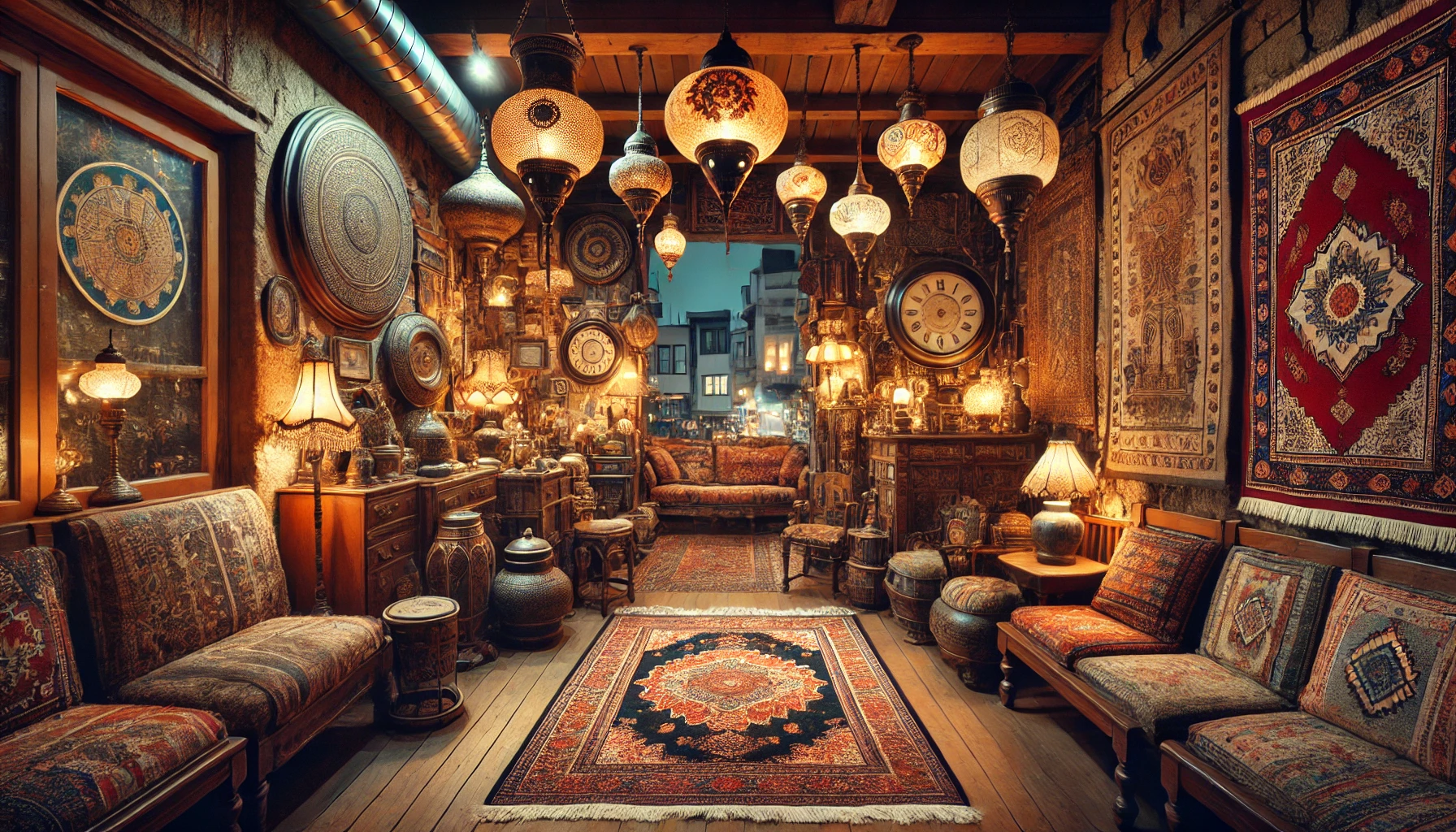 Alanya’daki nostaljik bir antika dükkanının dış cephesi ve sergilenen vintage eşyalar.