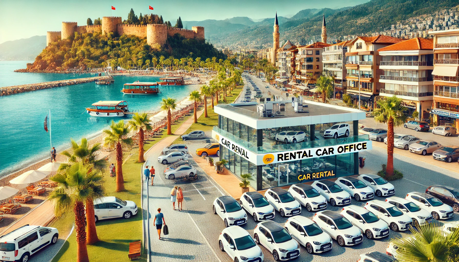 Alanya’da araç kiralama hizmetlerinden yararlanan turistler ve modern araçlar.