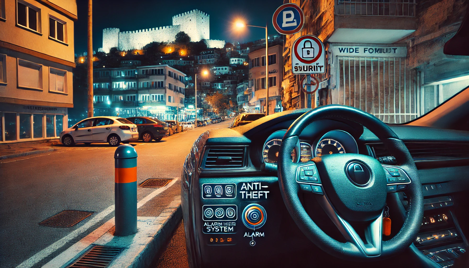 "Alanya’da araç hırsızlığına karşı alınması gereken önlemleri gösteren bir uyarı tabelası."