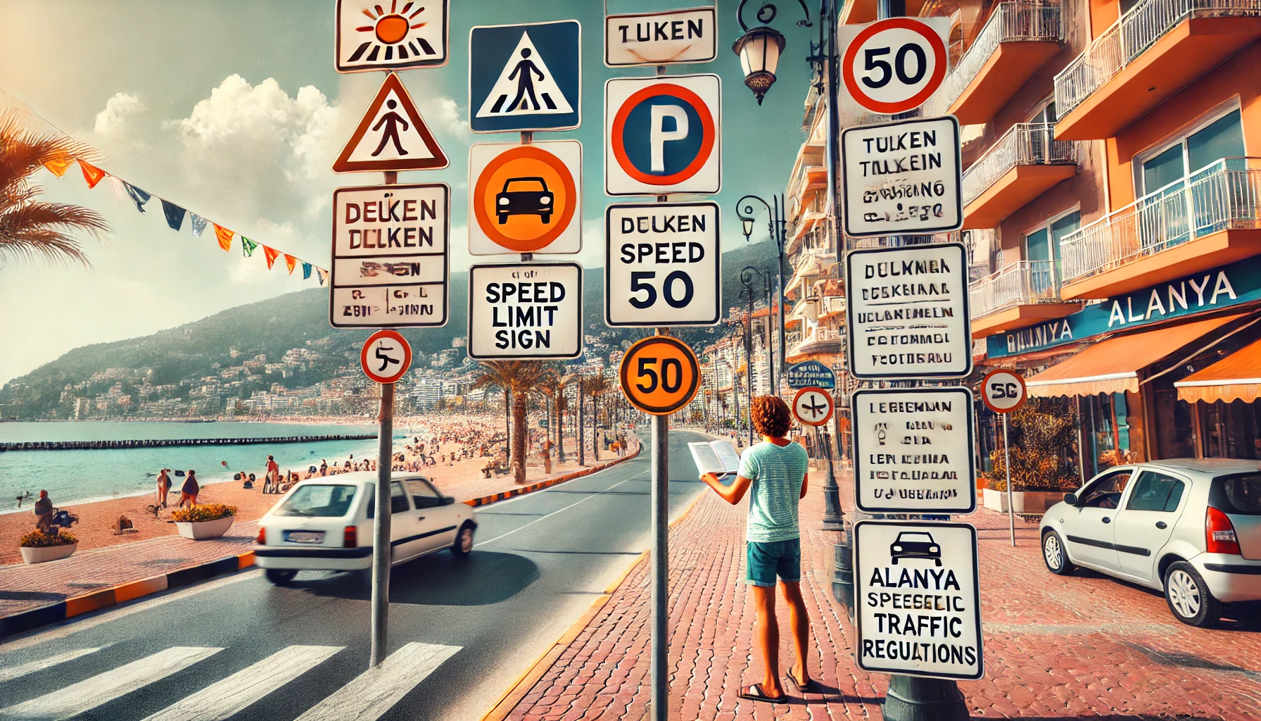 Alanya’da araç sahipleri için özel trafik kurallarını içeren uyarı levhası."