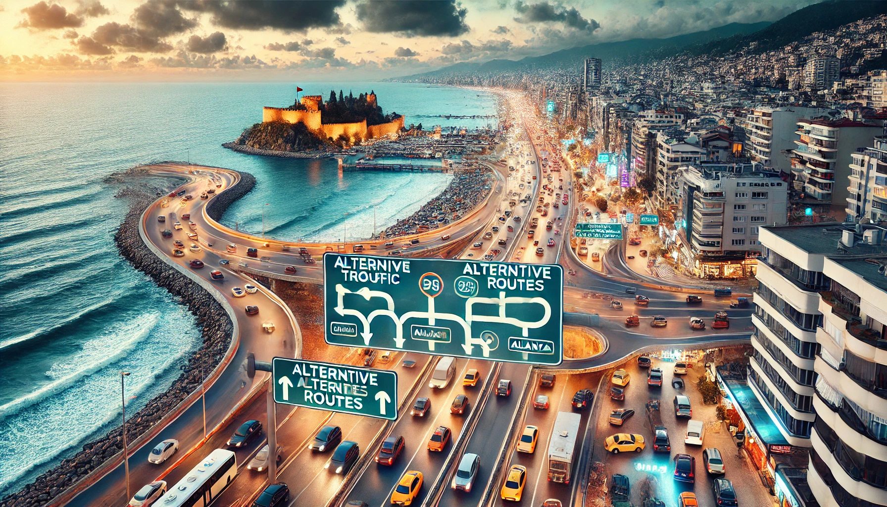 "Alanya’da trafik yoğunluğunu ve alternatif güzergahları gösteren bir harita."