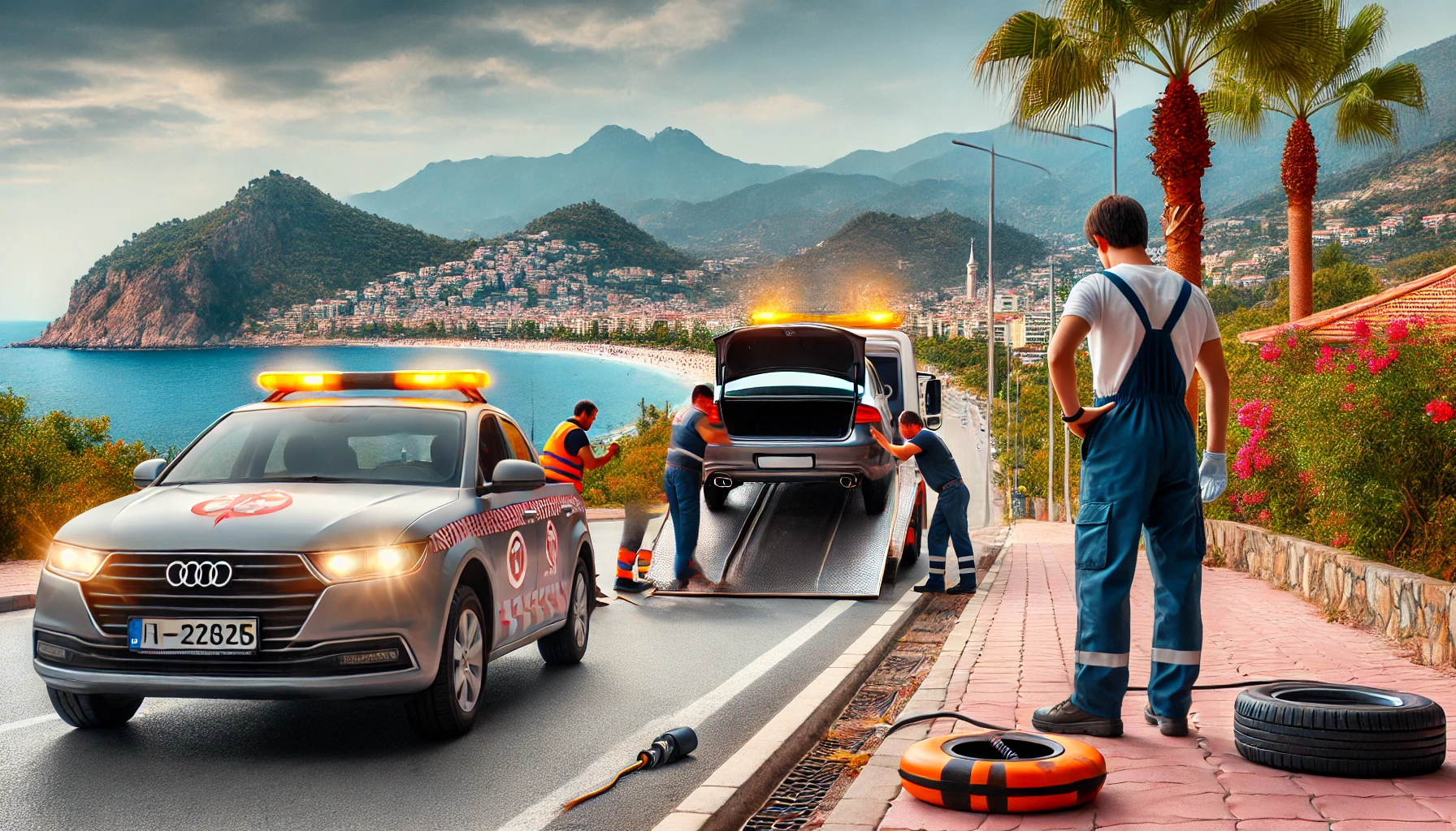 Alanya’da yol yardım hizmetleri sunan bir ekibin araç arızasına müdahalesi."