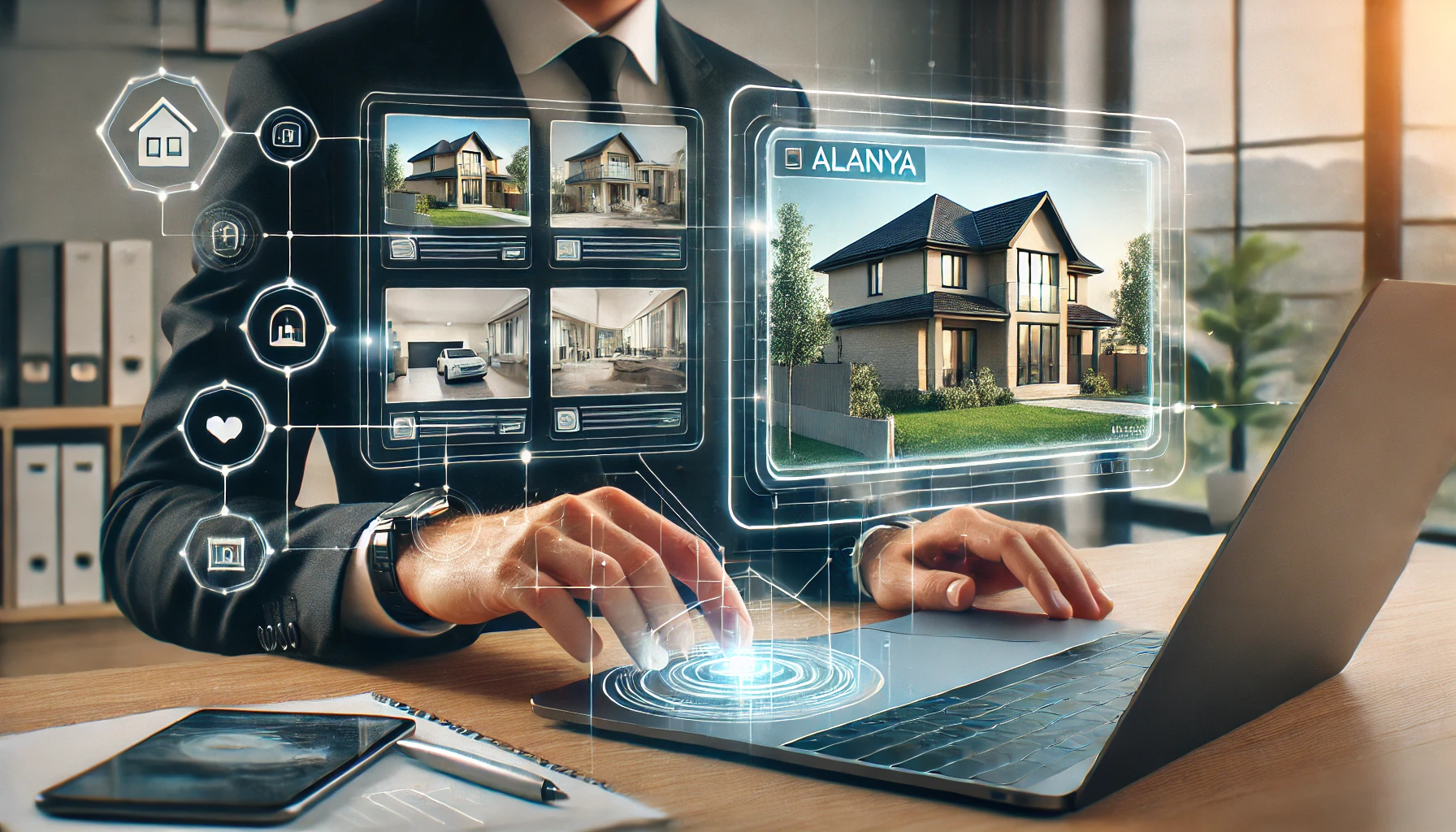 "Emlak sektöründe dijitalleşme sürecini anlatan, online ev satışlarını vurgulayan bir görsel."