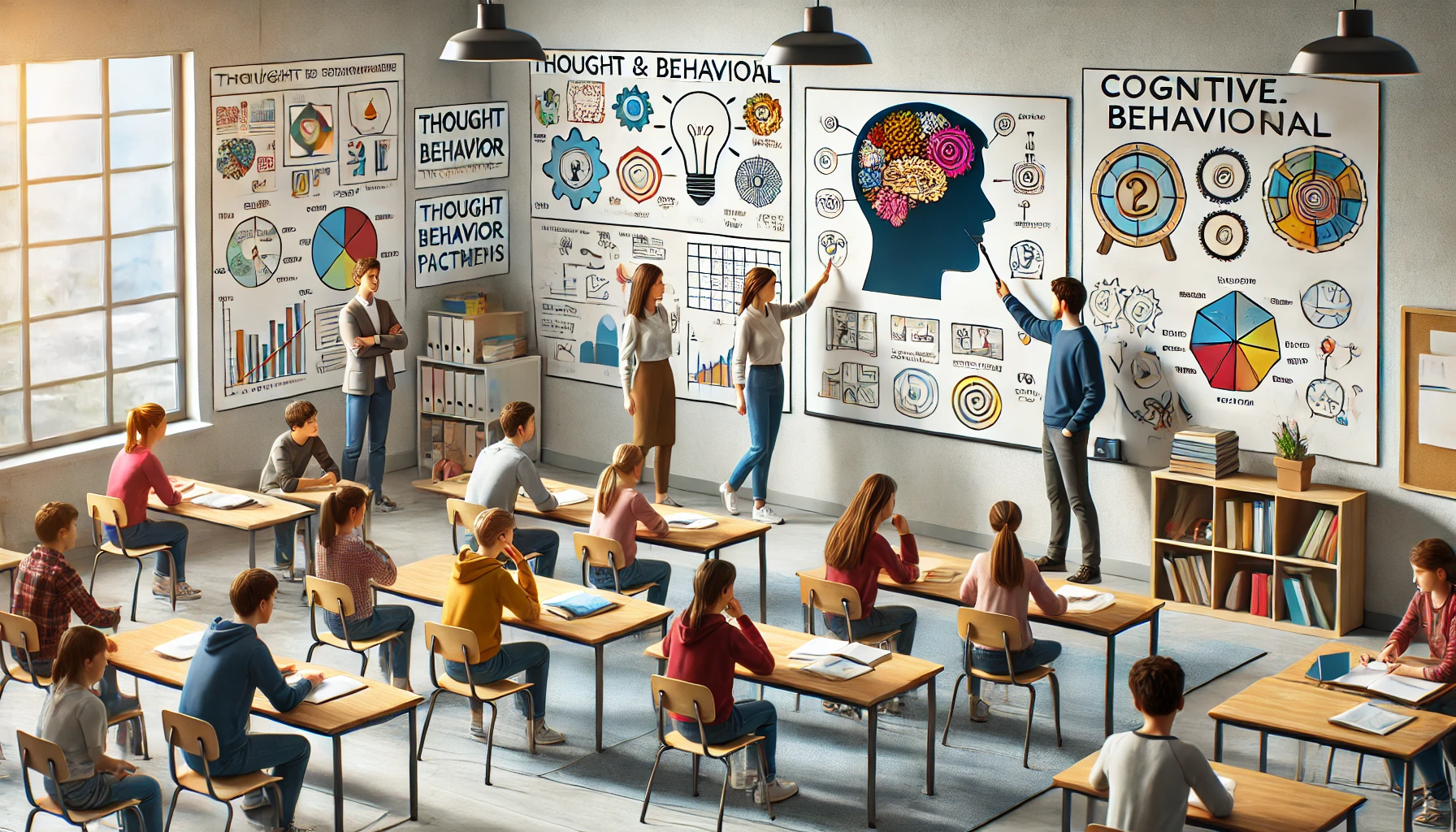 Bilişsel davranışçı yaklaşımları sınıf ortamında uygulayan bir öğretmen ve öğrenciler."