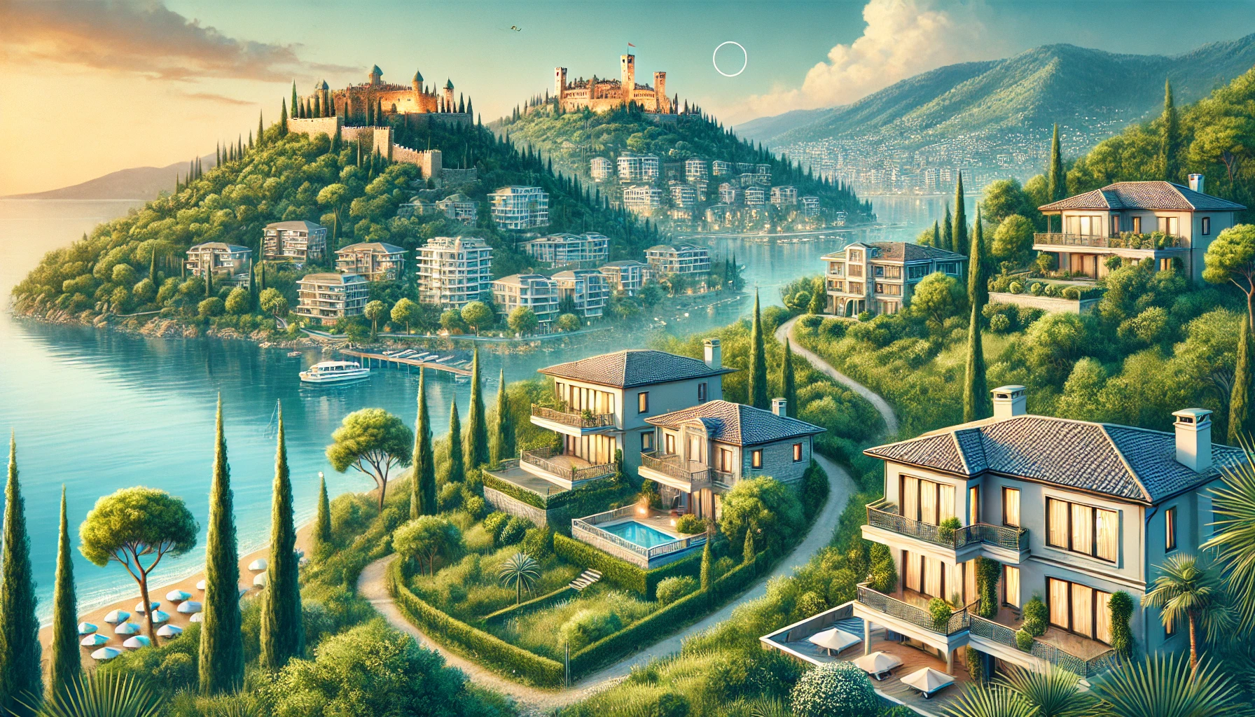 "Alanya’da villaların yer aldığı huzurlu konut tepeler ve Akdeniz manzarası."