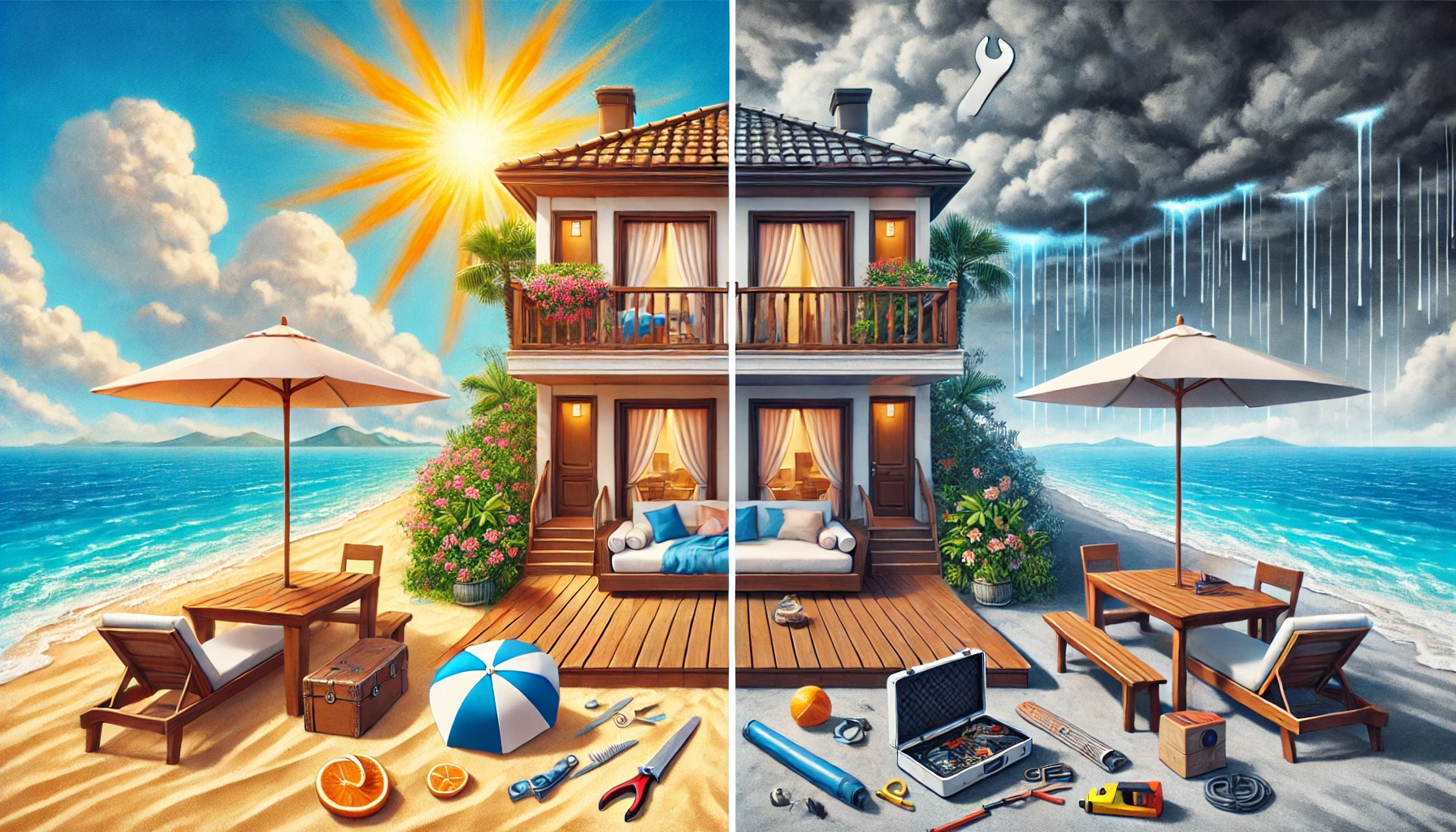 "Alanya’da yazlık ev sahibi olmanın artıları ve eksilerini görselleştiren bir sahne."