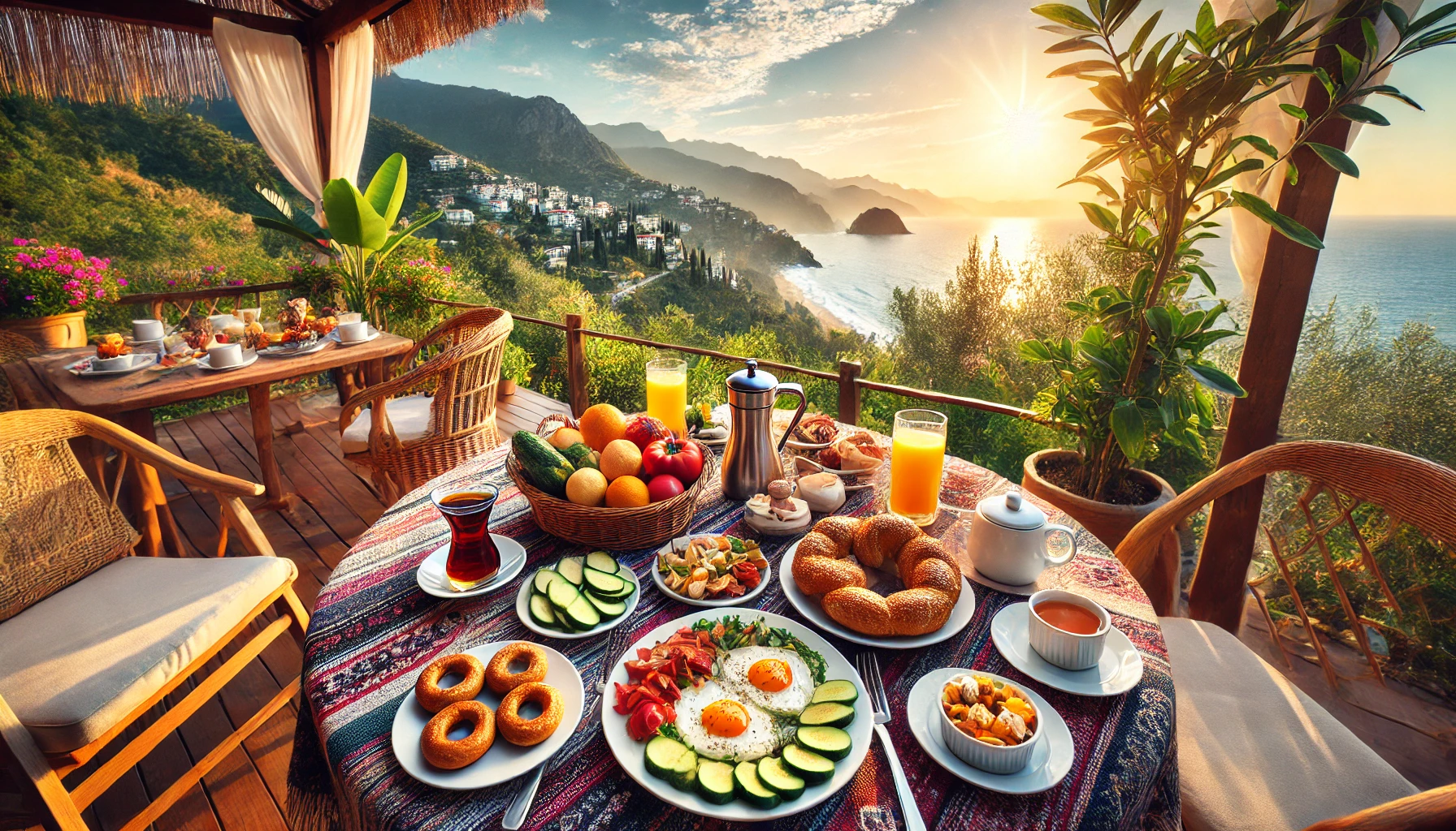 "Alanya’da manzaralı bir kahvaltı mekanları zengin serpme kahvaltı."