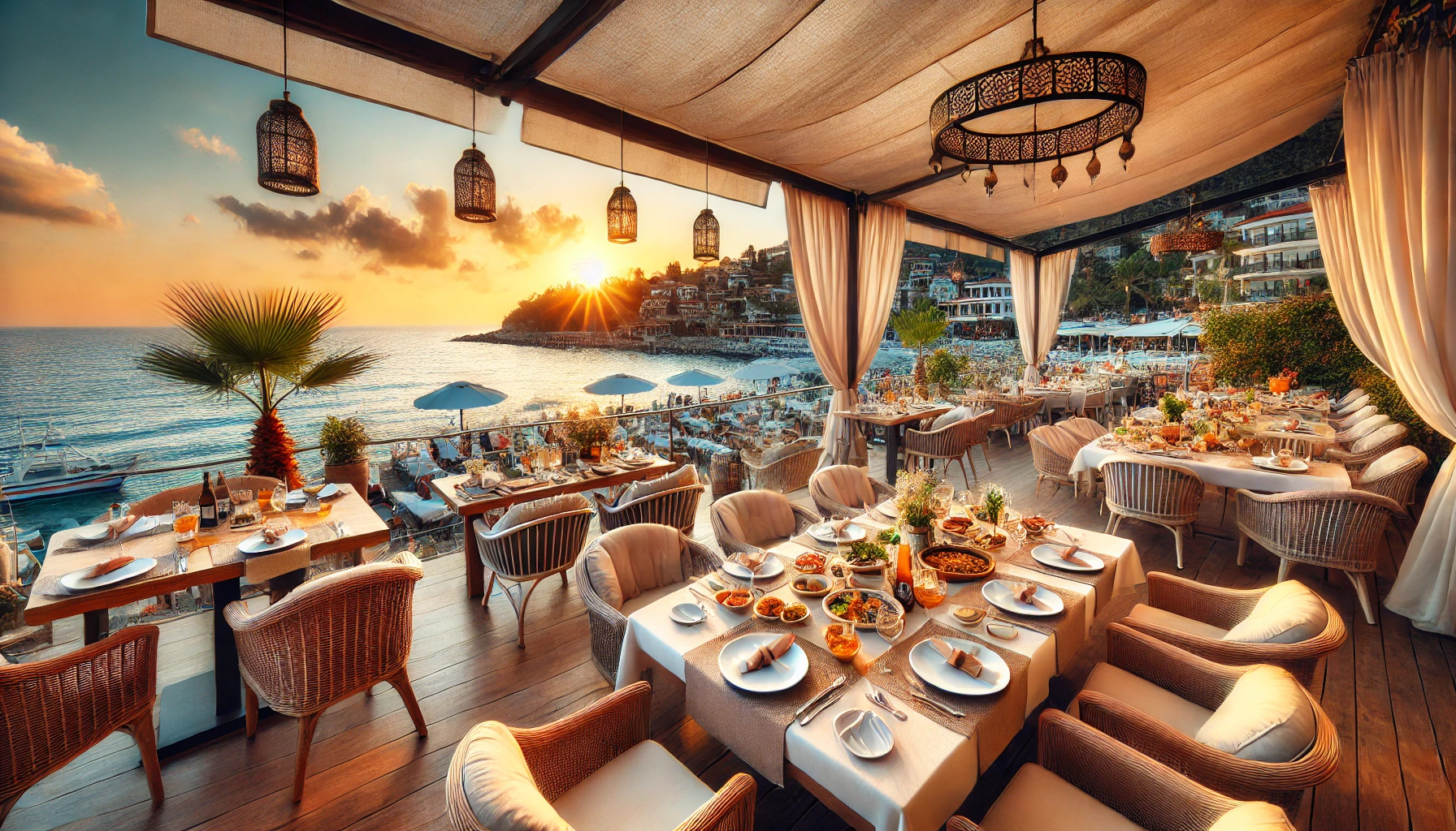 Alanya sahil boyunca deniz manzaralı bir restoranın zengin menüsü."