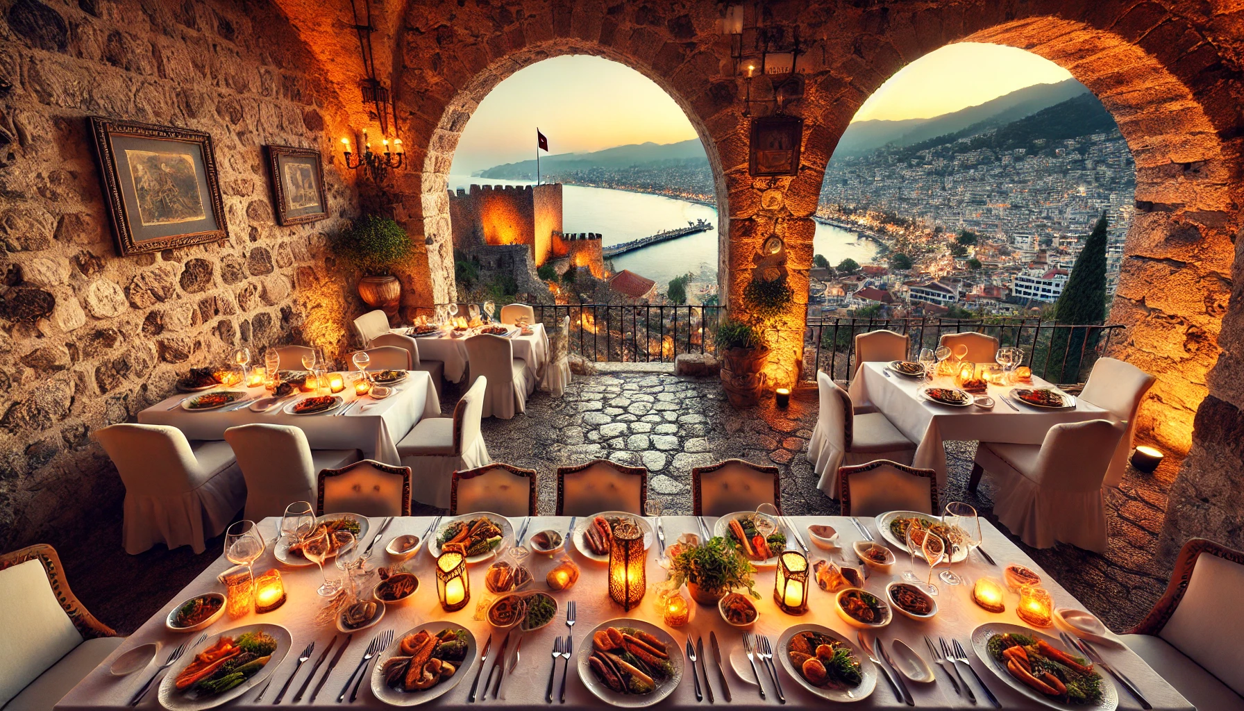 Alanya Kalesi’nde tarihi atmosferde yer alan bir restoranın eşsiz manzarası.