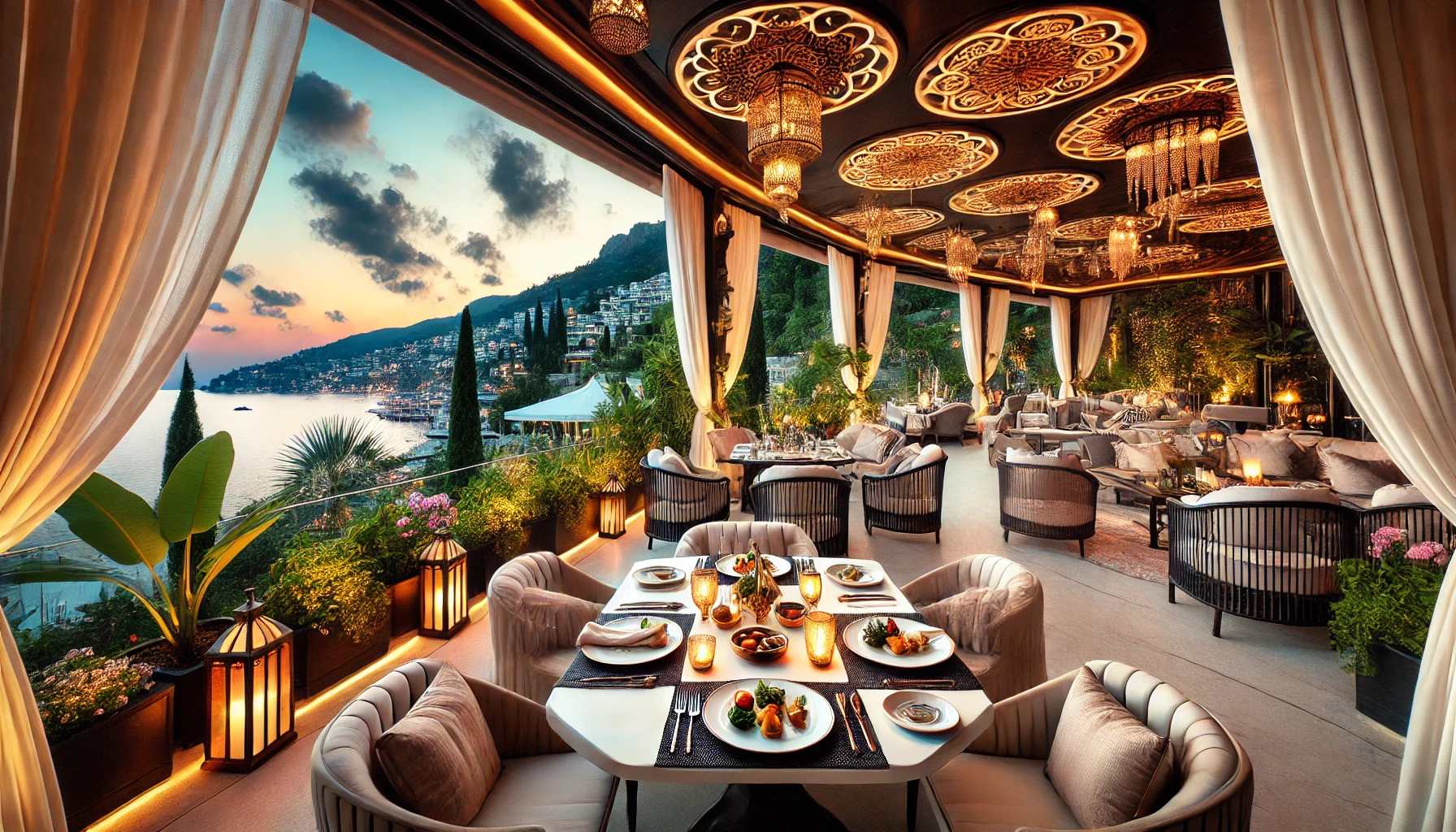 "Alanya’da ünlülerin tercih ettiği, şık bir restoranın akşam yemeği ambiyansı."