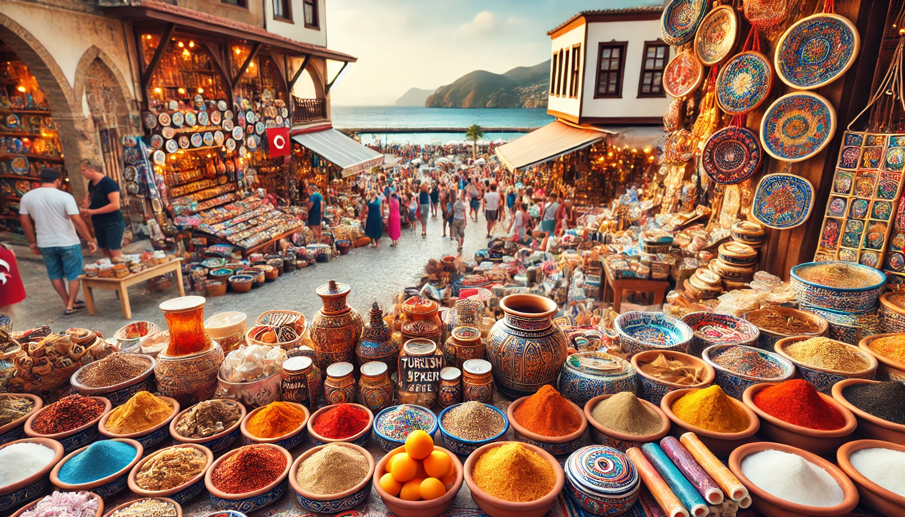  Alanya’da bir turistik pazarda sergilenen Türk lokumları, baharatlar, el yapımı seramikler ve geleneksel Türk ürünleri.