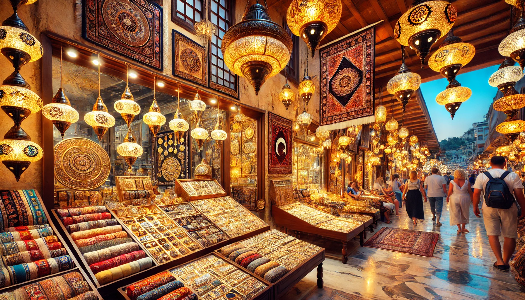 Alanya’da turistlerin favorisi bir pazarda sergilenen Türk lokumları, baharatlar, el yapımı seramikler ve geleneksel Türk ürünleri.