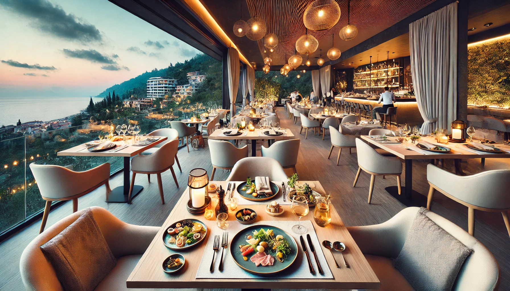 Alanya’da yeni açılan modern bir restoranın şık dekorasyonu ve menüsü."