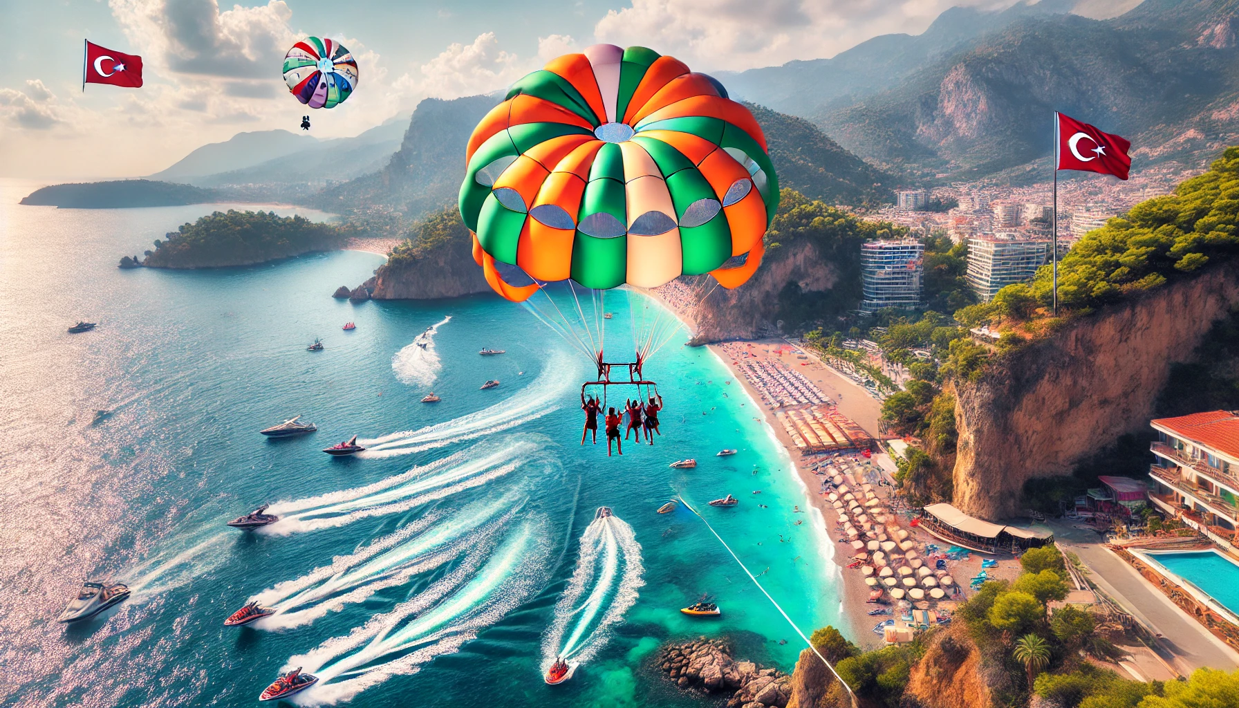Alanya’da jet ski ve parasailing yaparken hız ve adrenalinin keyfini çıkaran bir tatilci."