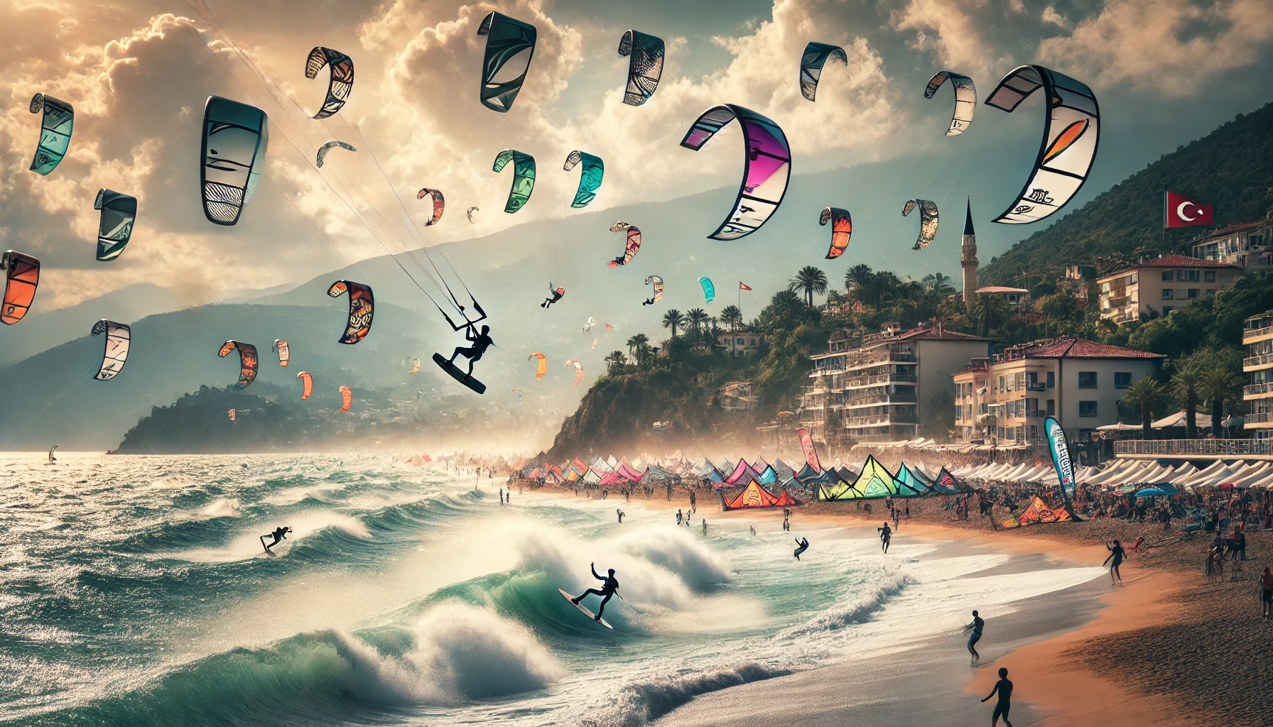 "Alanya’da rüzgarın gücüyle denizde hızlanan bir kitesurf sporcusu."