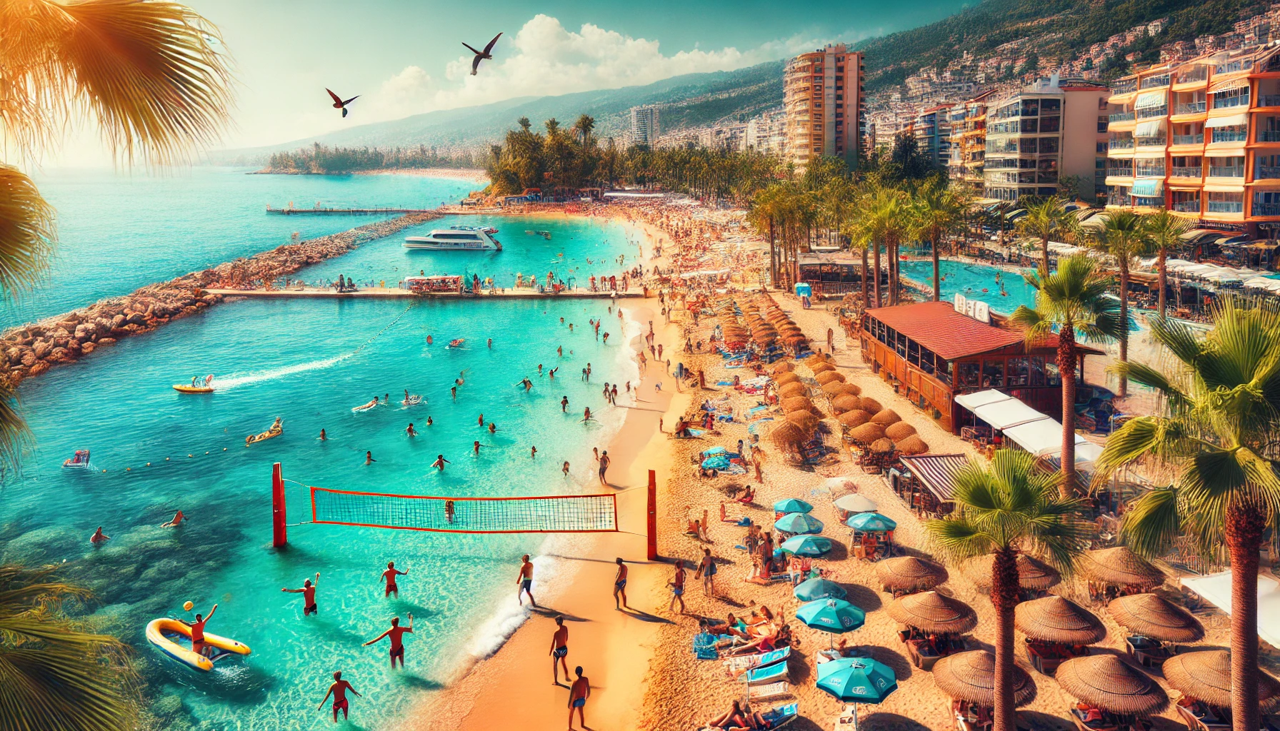 Alanya sahilinde deniz sporları ve plaj aktiviteleriyle dolu keyifli bir gün."