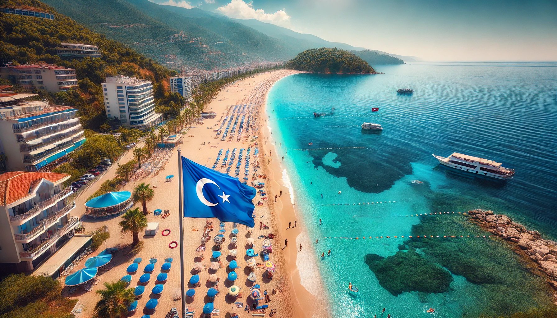 Alanya’da tertemiz denizi ve altın kumlarıyla ünlü mavi bayraklı bir plaj."