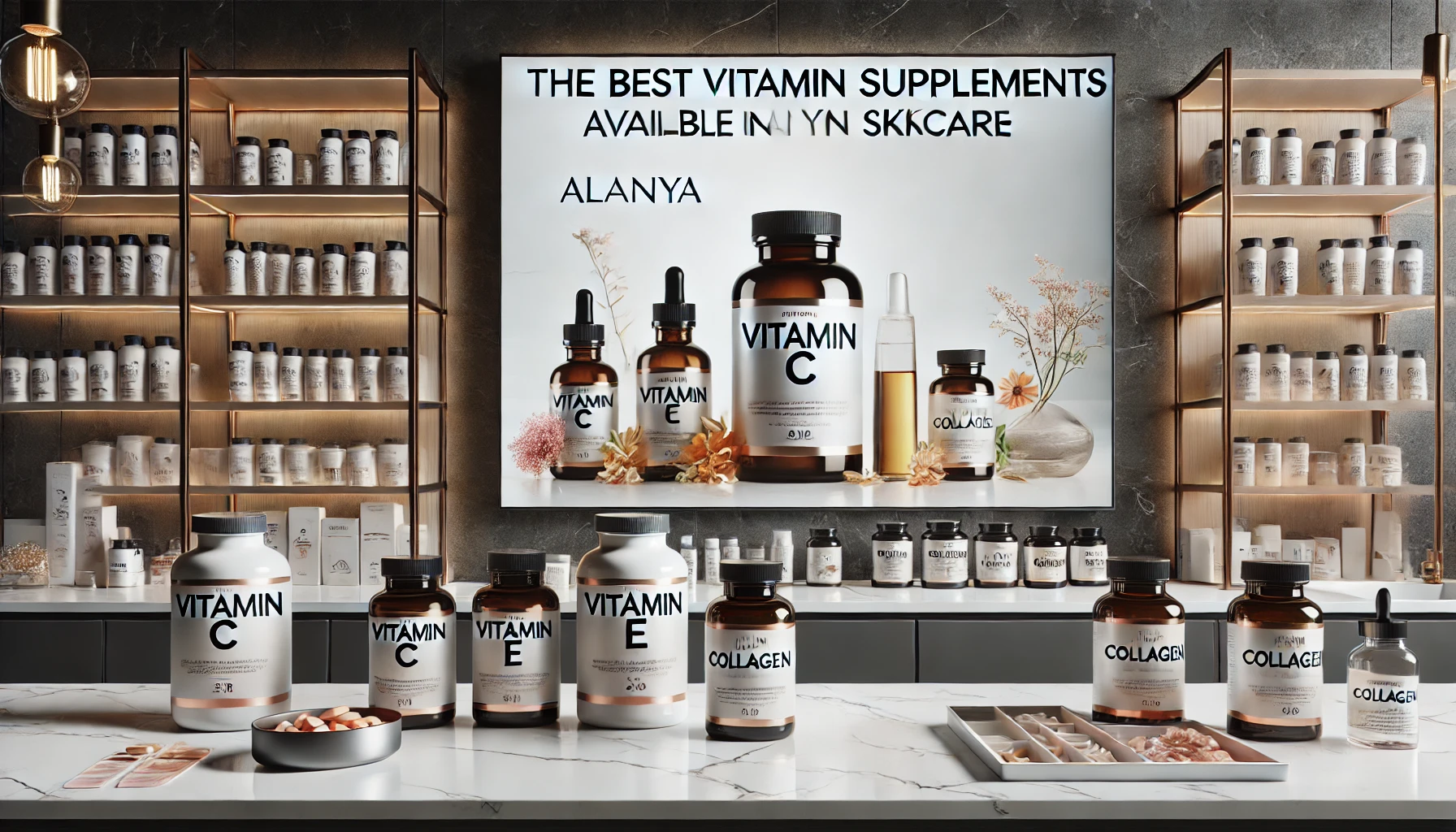 Alanya’da cilt sağlığını destekleyen en iyi vitamin takviyeleri; Vitamin C, E, Kolajen ve diğer besleyici destek ürünleri.