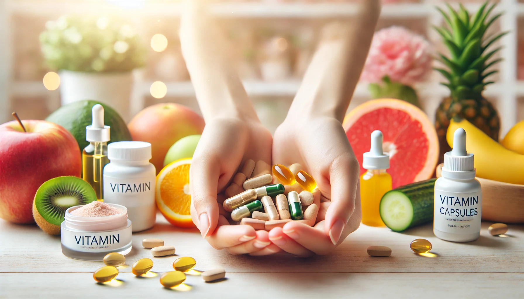 Alanya’da cilt sağlığı için en iyi vitamin takviyeleri; Vitamin C, E ve Kolajen içeren doğal destek ürünleri.