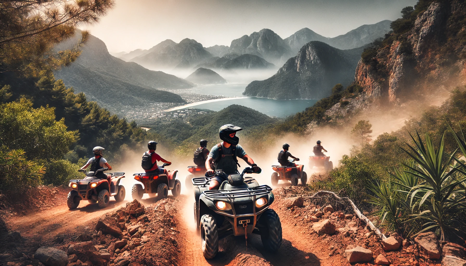 Alanya’da ATV safari turuna katılan macera severler doğanın içinde ilerliyor."