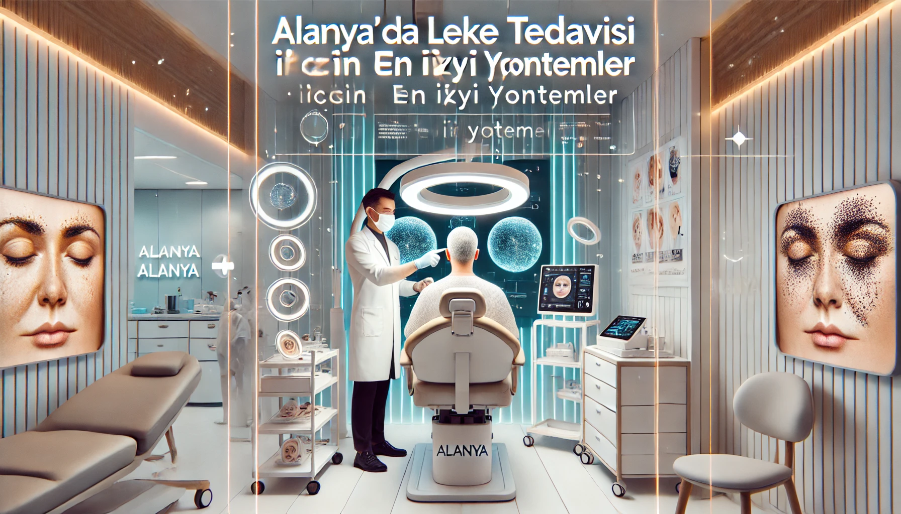 Leke tedavisi ile cilt tonu eşitleme yöntemler işlemi yapılan modern bir güzellik kliniği.