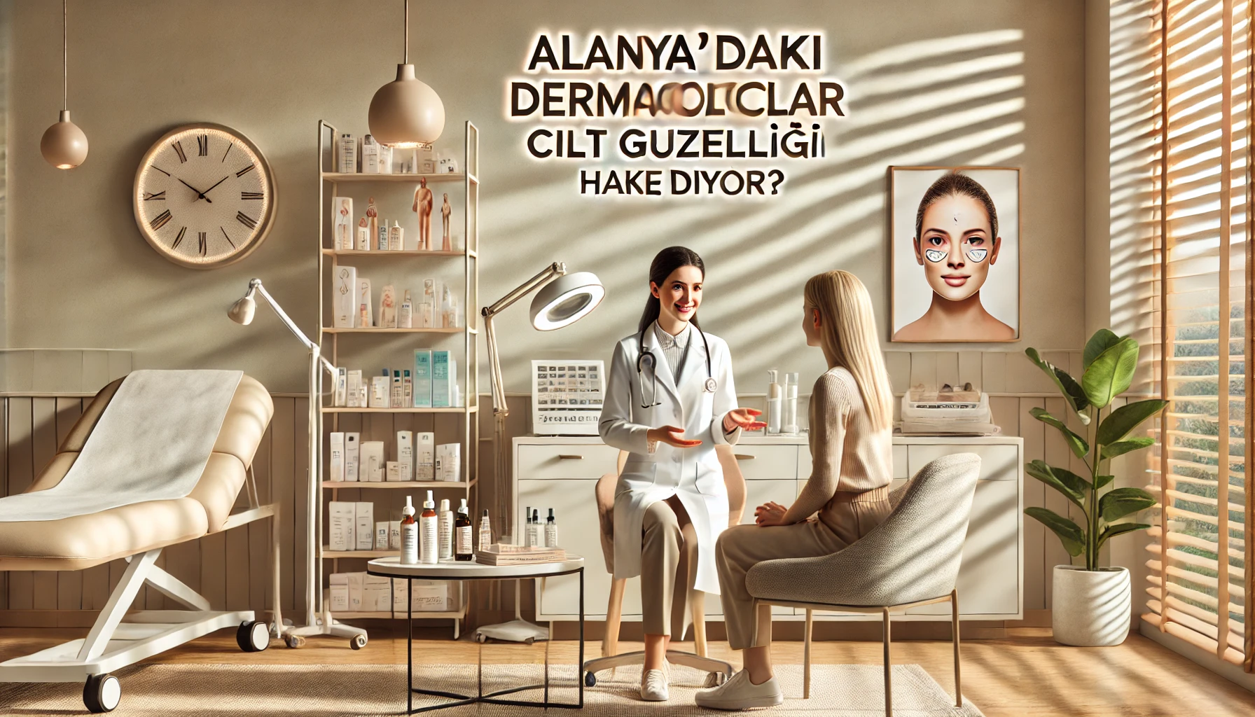 Dermatoloji kliniğinde cilt bakımı hakkında uzman dermatologlar tavsiyeleri alan bir müşteri.