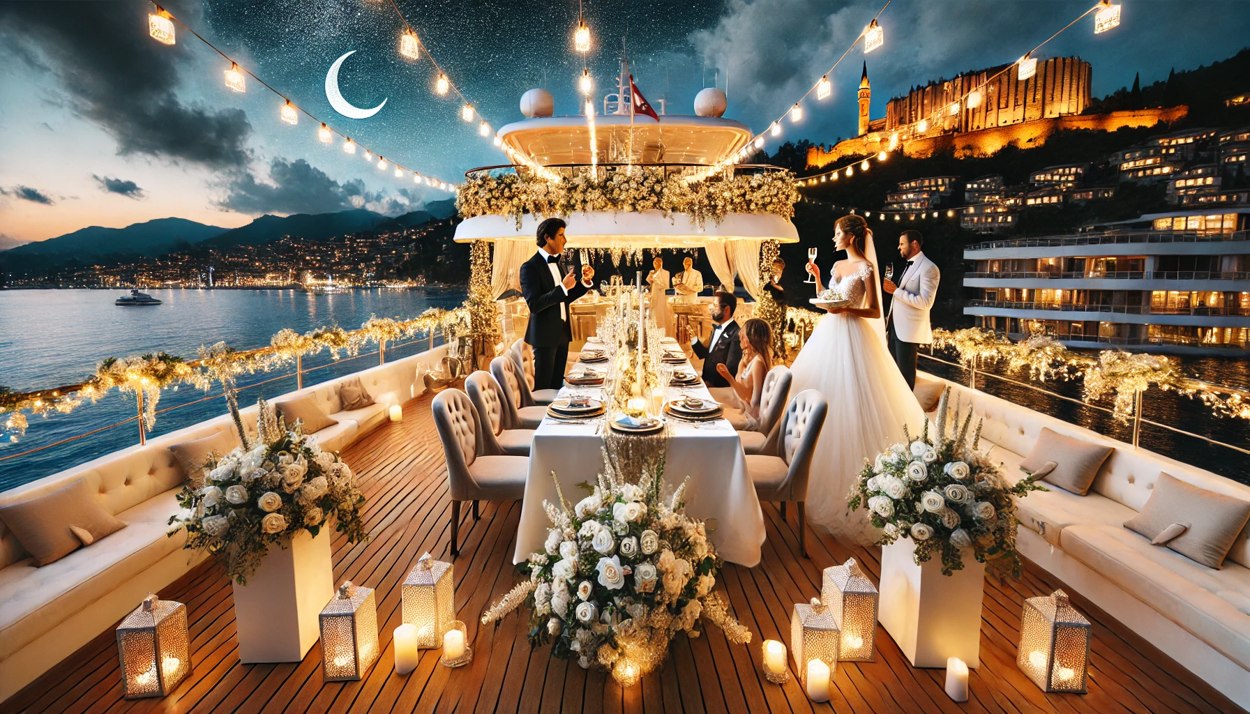 "Alanya’da denizde unutulmaz düğün ve özel davet organizasyonları için tekne kiralama seçenekleri."