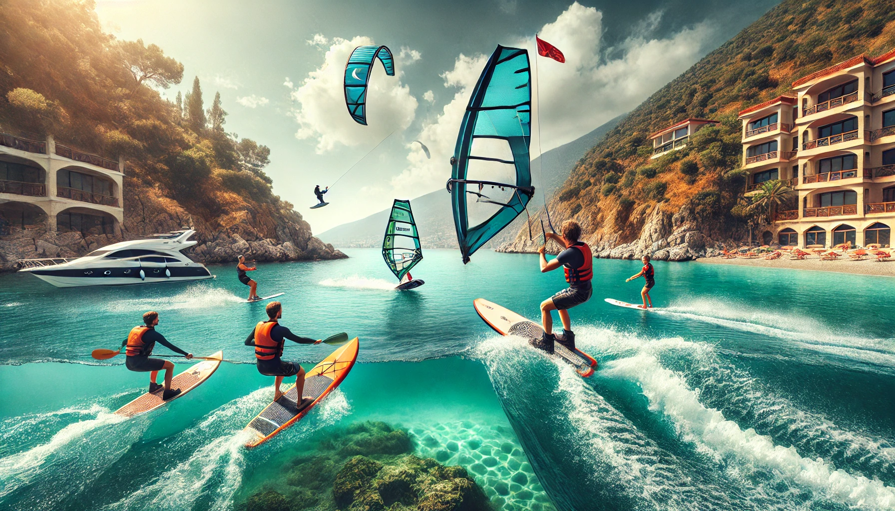 "Akdeniz’in mavi sularında wakeboard, windsurf ve paddleboard deneyimi yaşayın."