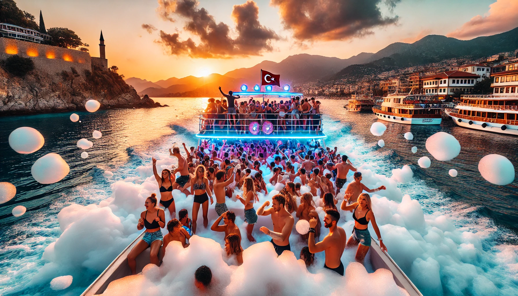 "Alanya’da köpük partili tekne turu ile eğlence, müzik ve dans dolu bir deniz macerası yaşayın."