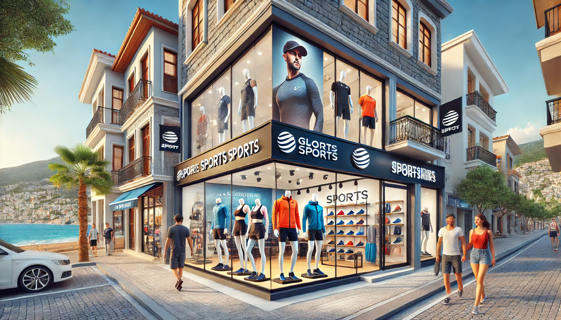 "Alanya'da spor giyim koleksiyonlarıyla dikkat çeken popüler markaların ürünleri."