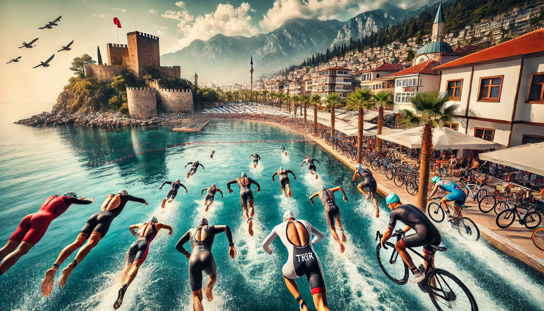 "Uluslararası triatlon yarışlarında bisikletçiler Alanya’nın sokaklarında hızla ilerliyor."