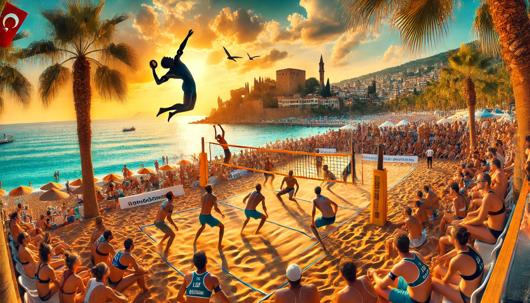 "Güneşli bir Alanya gününde plaj voleybolu oyuncuları smaç vuruyor."