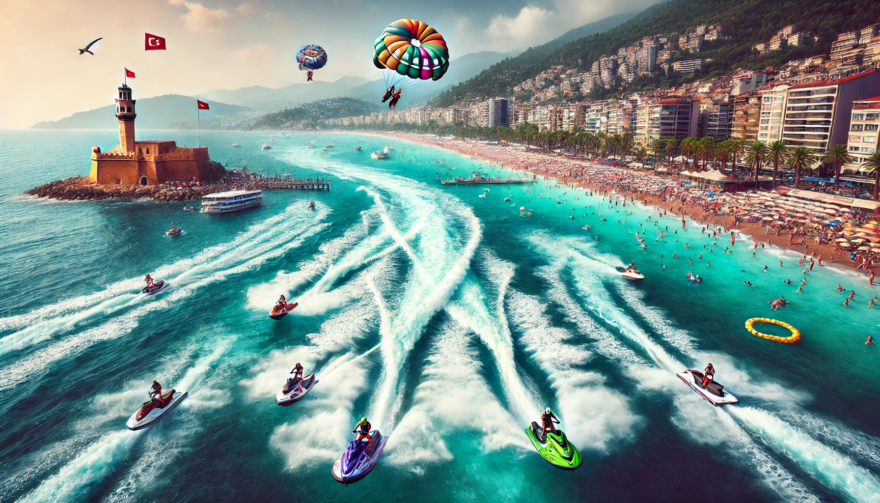 "Alanya sahilinde deniz sporları festivali kapsamında rüzgar sörfü yapan sporcular."