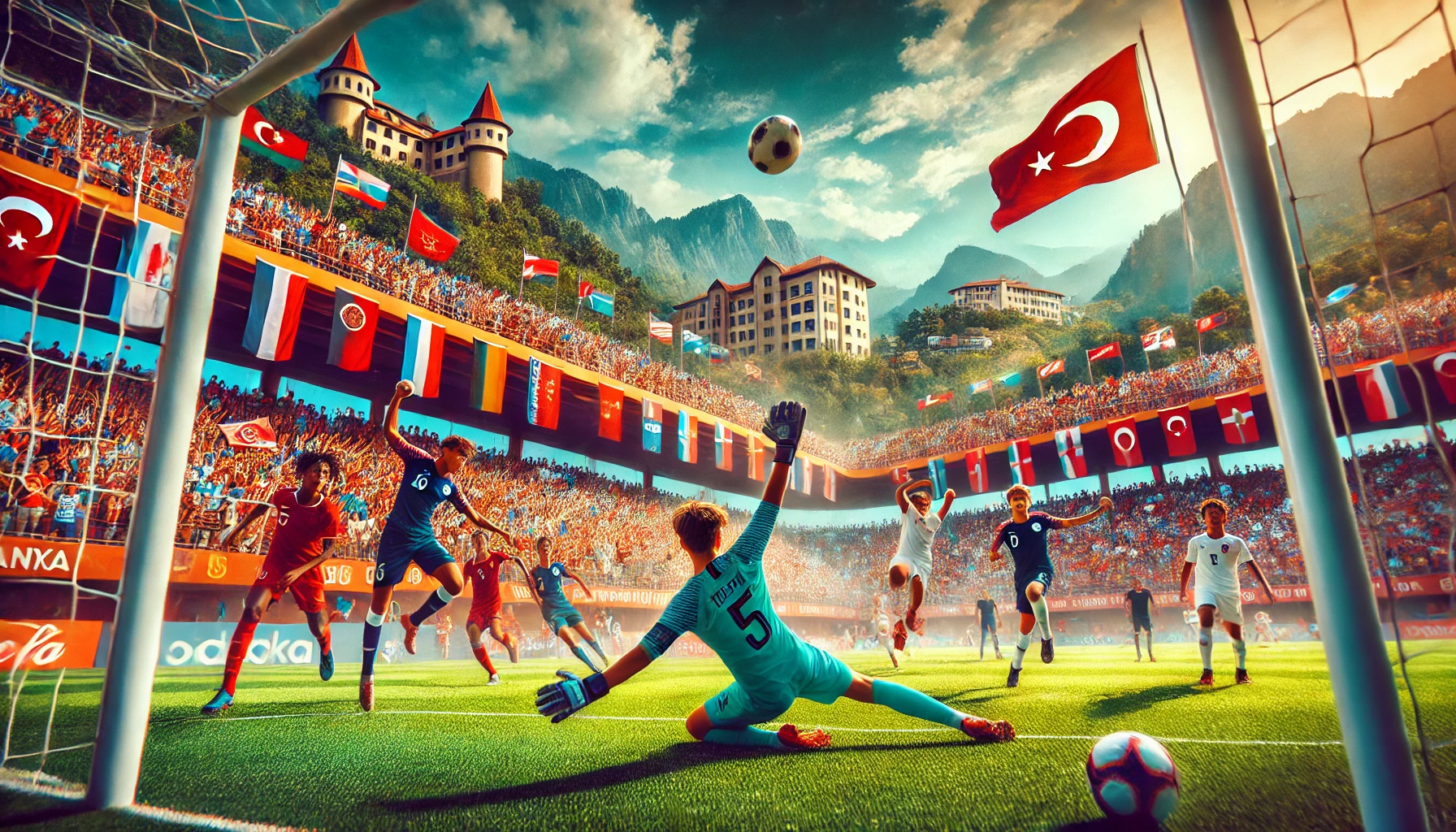 Alanya Uluslararası Gençler Futbol Turnuvası’nda mücadele eden genç futbolcular."