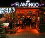 Gün batımında deniz kenarında yer alan Sun Flamingo Beach Restaurant Alanya'nın palmiyelerle çevrili açık hava oturma alanı