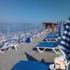 Blue Beach No:41 Alanya'nın turkuaz deniz manzaralı şezlongları, palmiye gölgeleri ve sahil kenarındaki modern beach bar alanı.