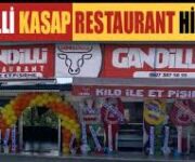 Gandilli Restaurant & Kasap dış cephesi ve içeride sergilenen taze etler ile yemek masaları