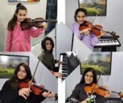 "SanART Müzik Evi Gazipaşa öğrencileri enstrüman çalıyor ve müzik eğitimi alıyor, modern stüdyo ve eğitim materyalleriyle donatılmış bir müzik öğrenme ortamında çalışıyor."