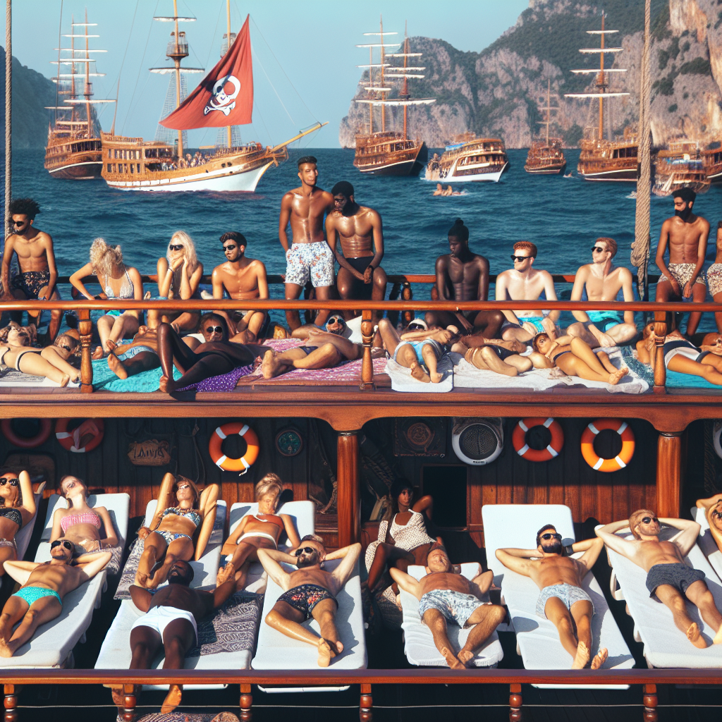Alanya korsanları tekne turunda güneşlenen turistler