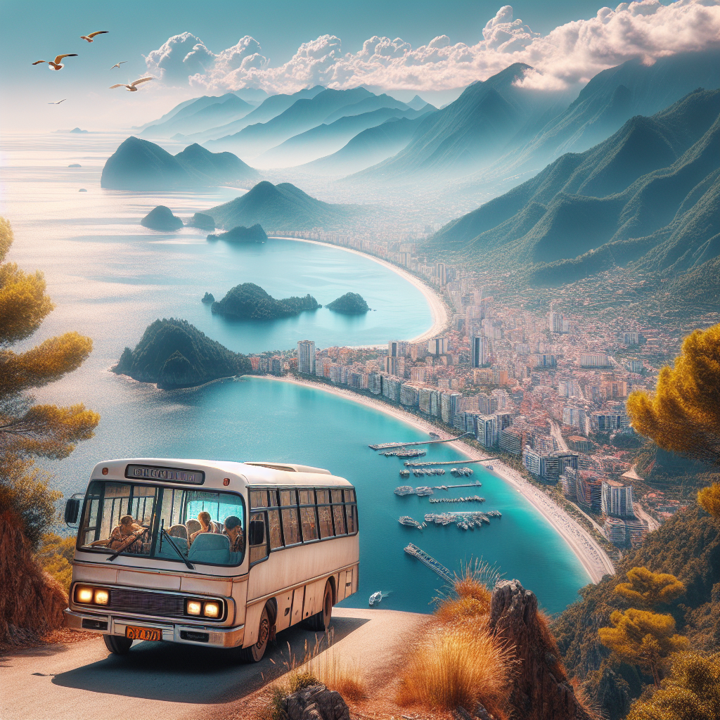 Alanya turu sırasında otobüs, yerel turistik noktalara gidiyor.