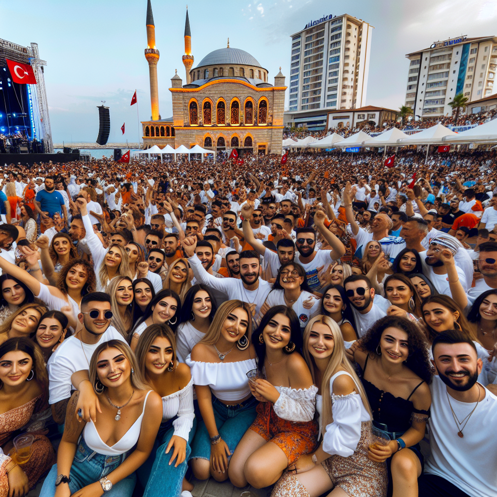 Alanya Anadolu Ateşi turu sırasında kalabalık bir sahne önünde eğlenen insanlar.