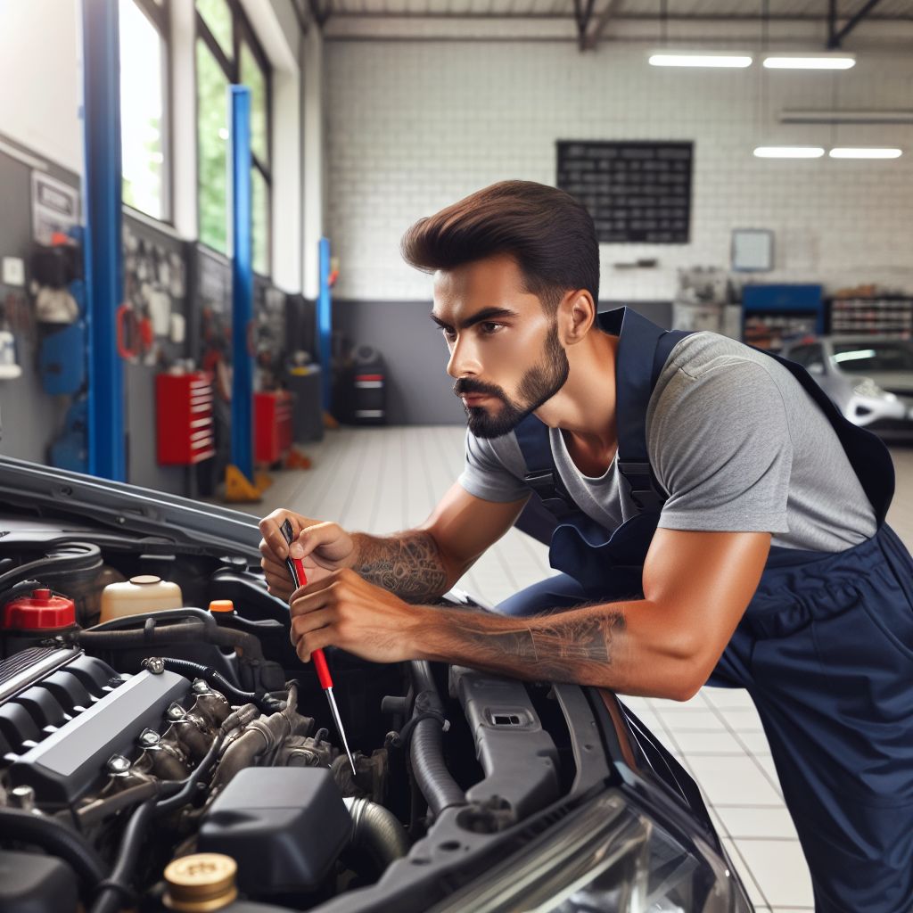 Korkmaz oto servis mechanic checking car engine for maintenance and repair in Alanya.