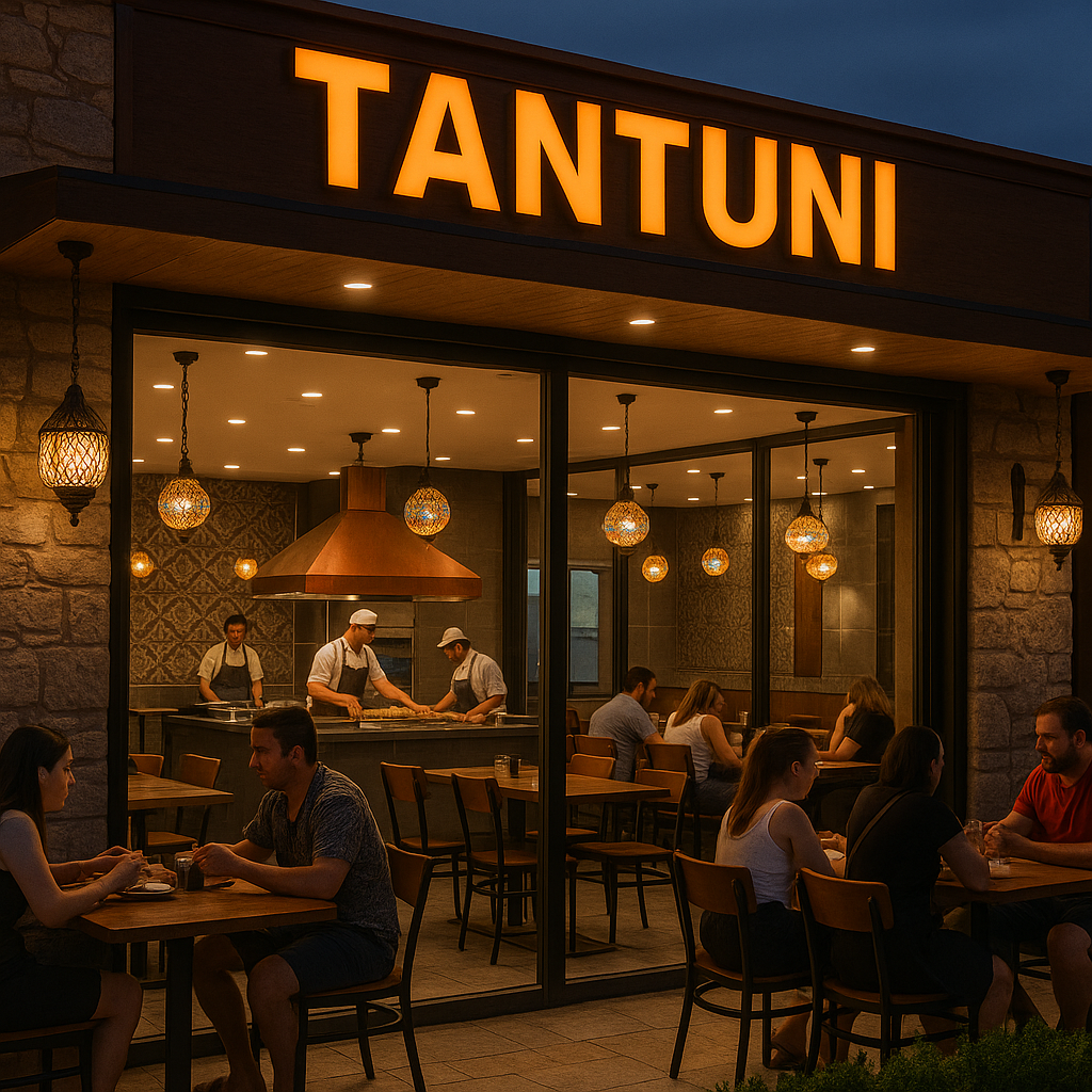 Akşam saatlerinde Alanya’nın kalabalık ve en gözde tantuni mekanlarından biri, dışarıda bekleyen müşterilerle birlikte.