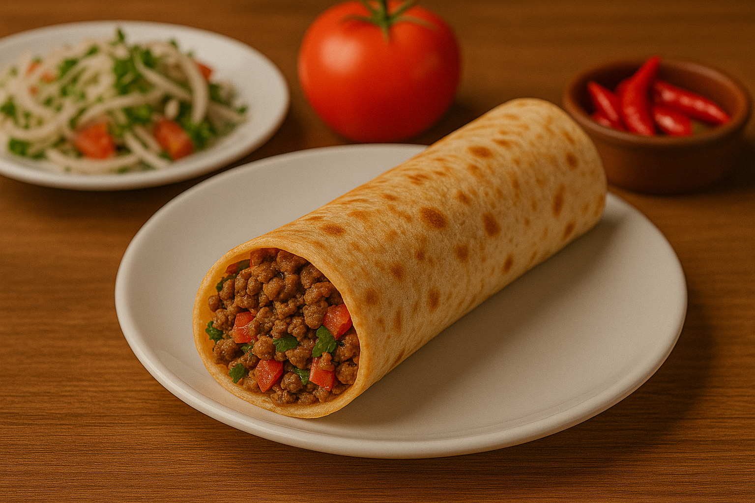 Sacda pişmekte olan tantuni etleri, yanında baharatlar ve lavaşlarla birlikte.