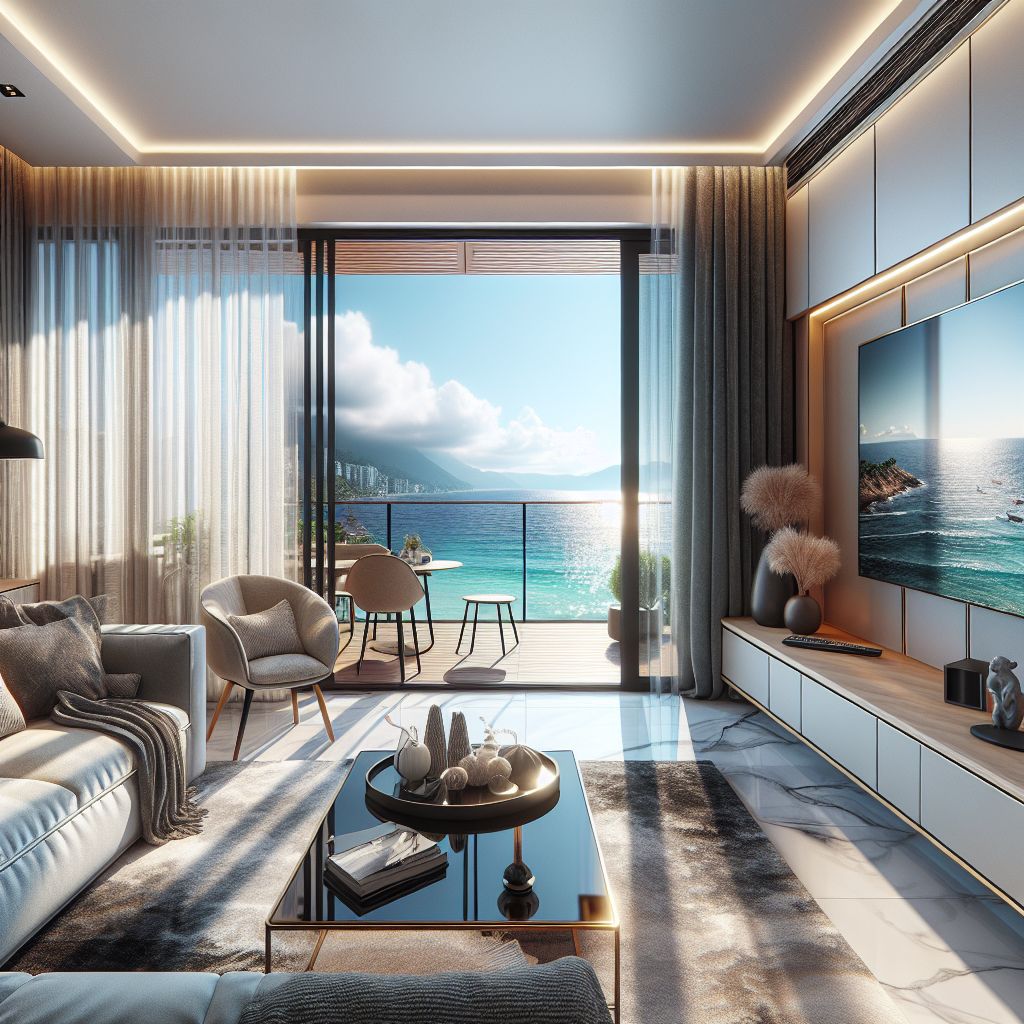 Cozy living room in an Alanya apartment with stylish decor and sea view