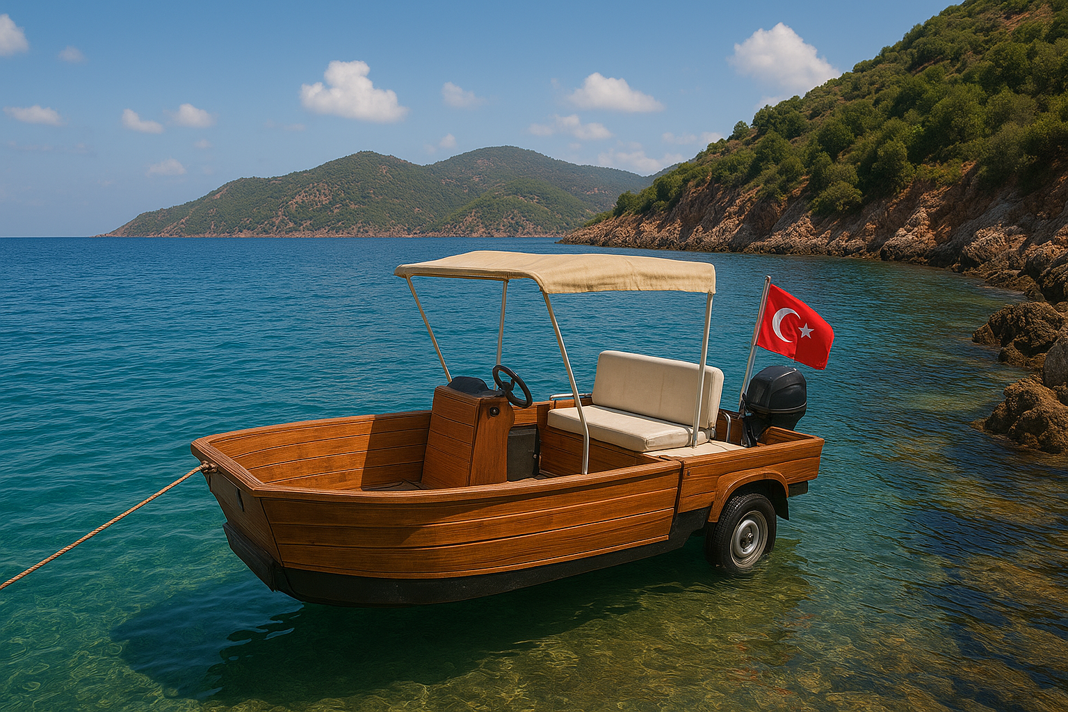 Patpat motorlu kompakt balıkçı teknesi, Alanya’da satışa çıkarılmış şekilde kumsalda görüntülenmiş.
